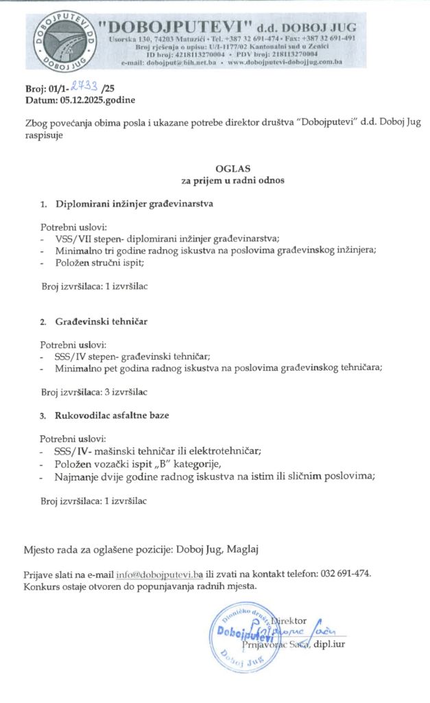 DOBOJPUTEVI D.D. DOBOJ JUG OGLAS ZA PRIJEM U RADNI ODNOS